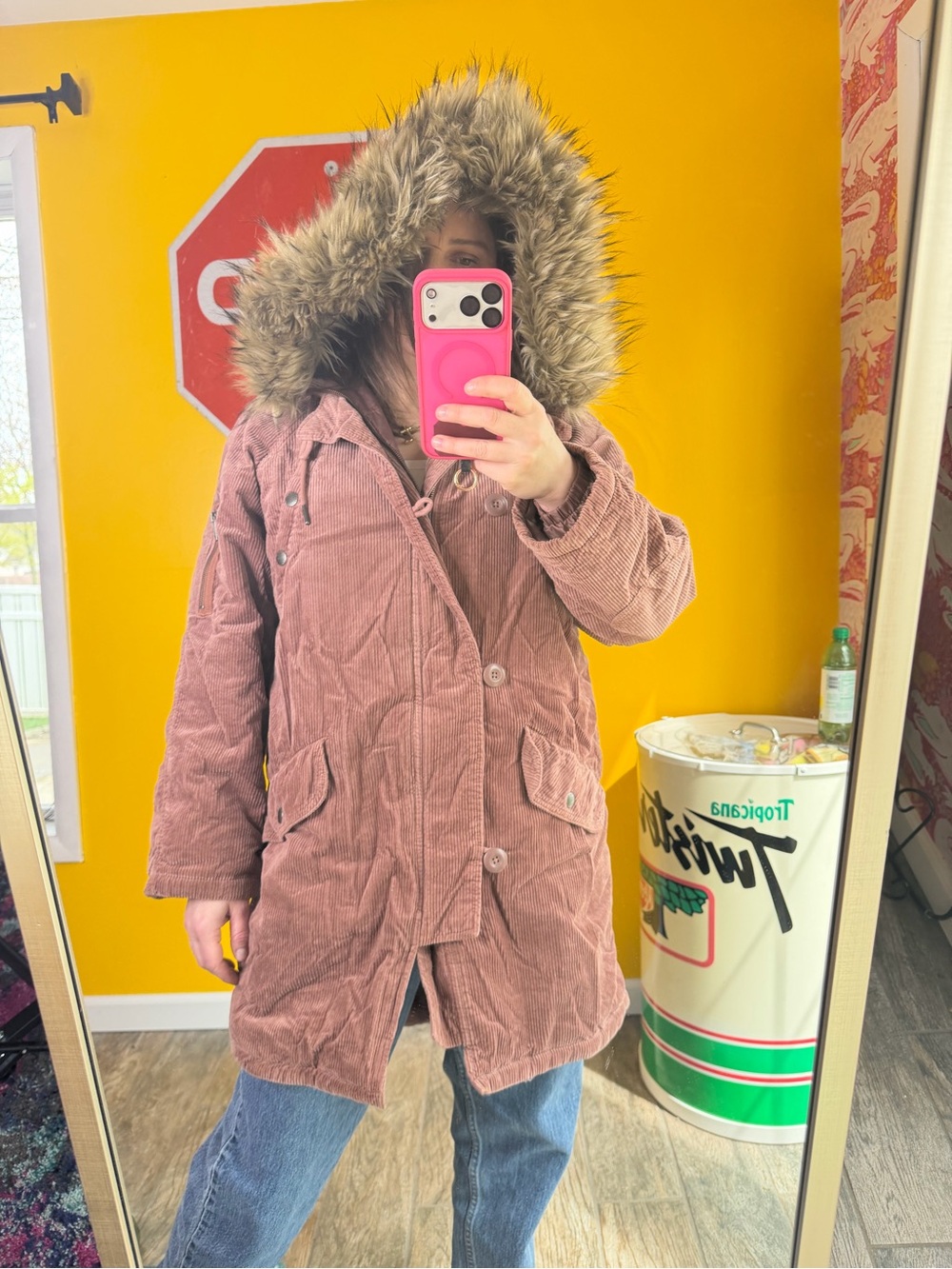 AMERICAN EAGLE AE WOMEN'S CORDUROY LONG PARKA BROWN COAT/JACKET FUR